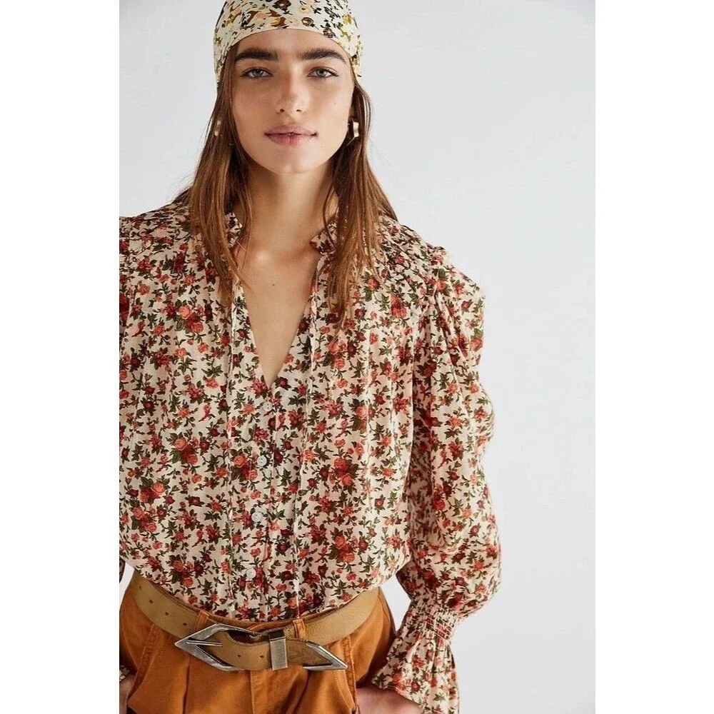 Free People Meant to Be Floral Blouse Ruffle Long Sleeve Cotton XS Romantic Boho